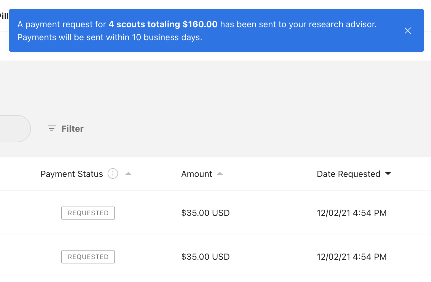 Payments request confirmation banner