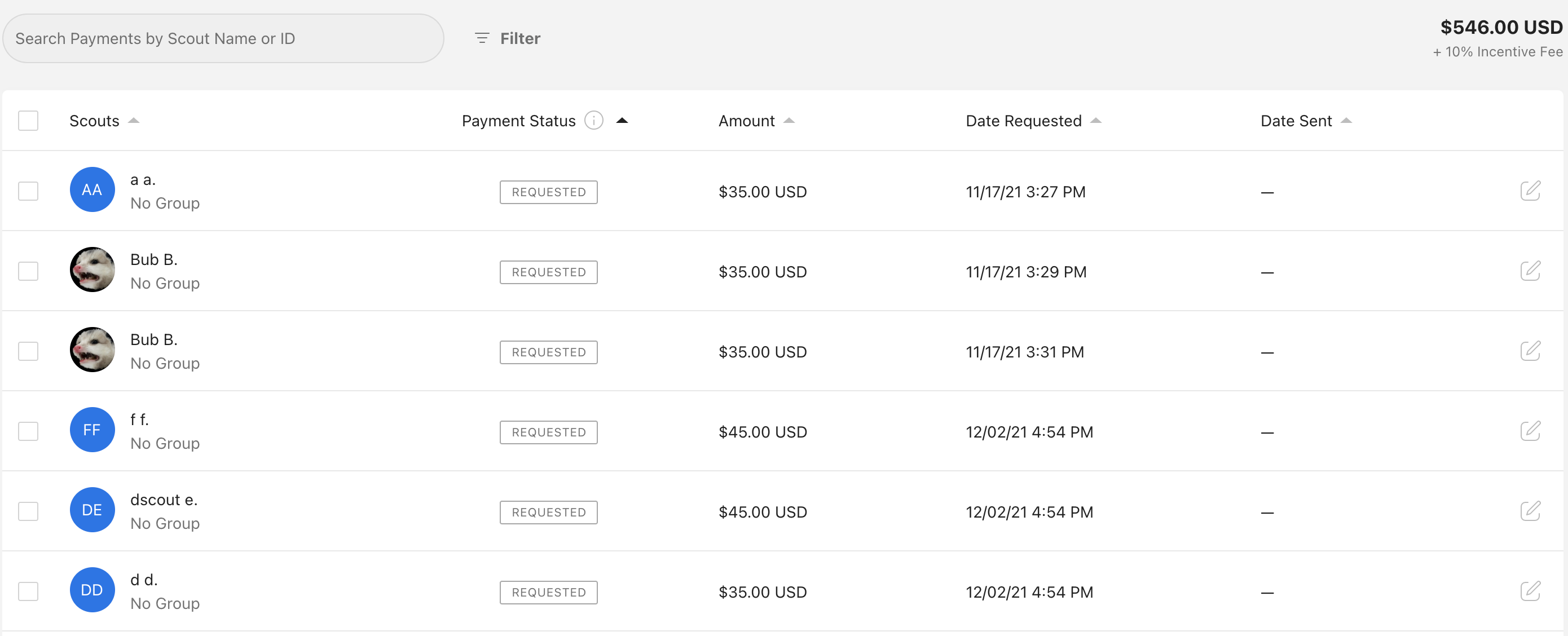 Payments tab table showing requested payments