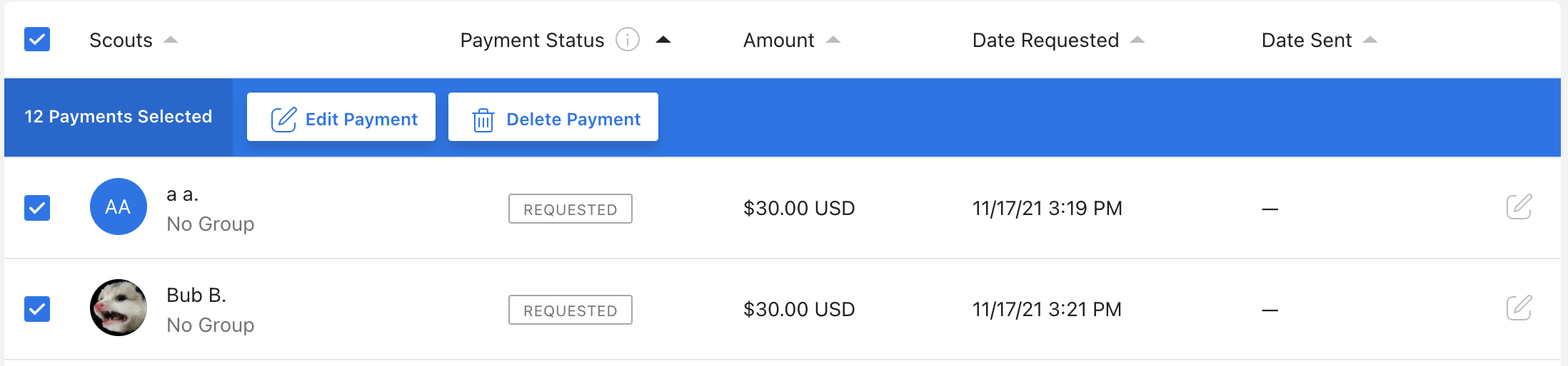 Bulk edit or delete payments